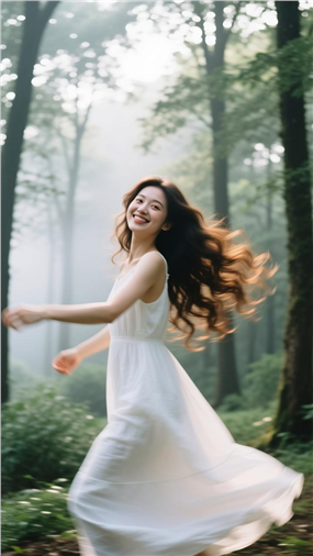 树林雾气朦胧自由跳舞美女摄影图片